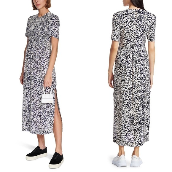 BAUM UND PFERDGARTEN Silk Short Sleeve Leopard Print Smocked Front Midi Dress 14 - Picture 7 of 16